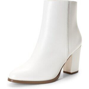 Women's White-pu  Faux Leather Ankle Boots Chunky Block Heel Booties